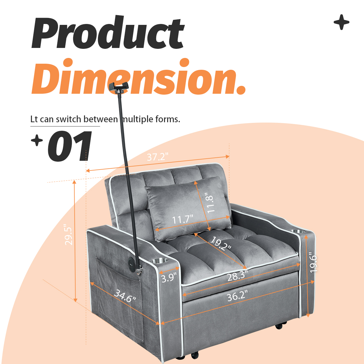 Gewnee 37.2''Convertible Sofa Bed with USB and Phone Holder,2 Cup Holders and 3 Adjustable Backrest,Suitable for Living Room,Apartment and Office.Dark Grey