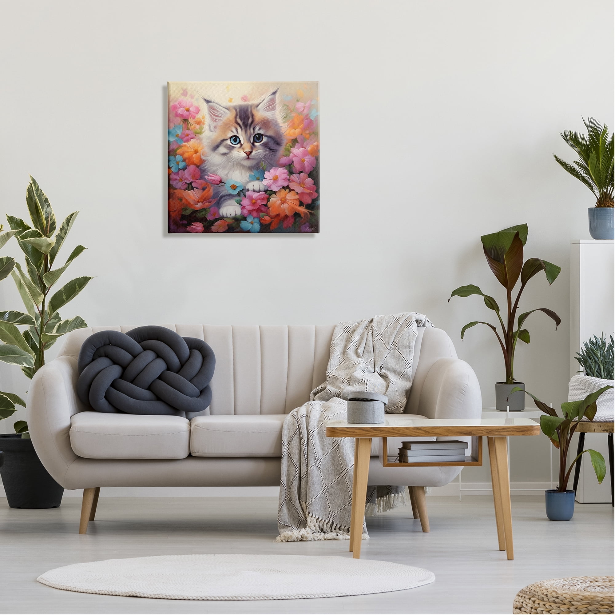 Stupell Industries Kitten in Flower Meadow Animals & Insects Painting Gallery Wrapped Canvas Art Print Wall Art, 24 x 24