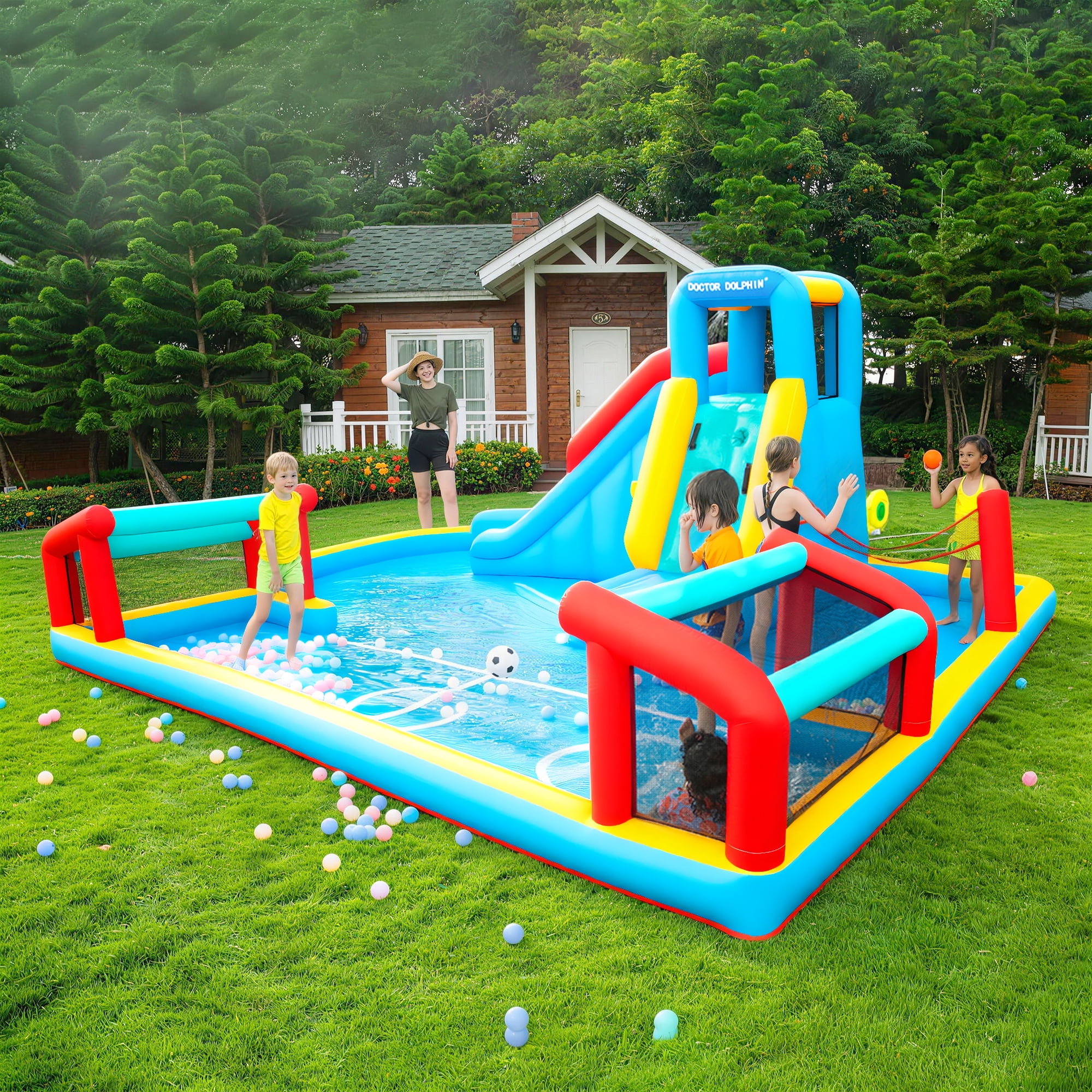 Inflatable Water Slide, Inflatable Bounce House for Kids, Climbing Wall, Jumping Area, Football Goal, Volleyball Net, Indoor & Outdoor, Age 3+