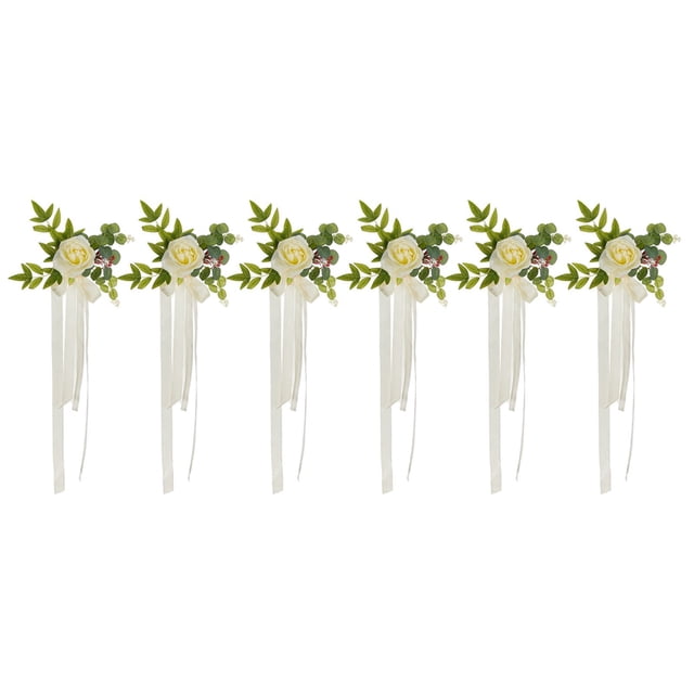6 Pcs Roses d'Allée de Mariage avec Rubans et Feuilles Décorations de Chaise pour Mariage et Église Blanc