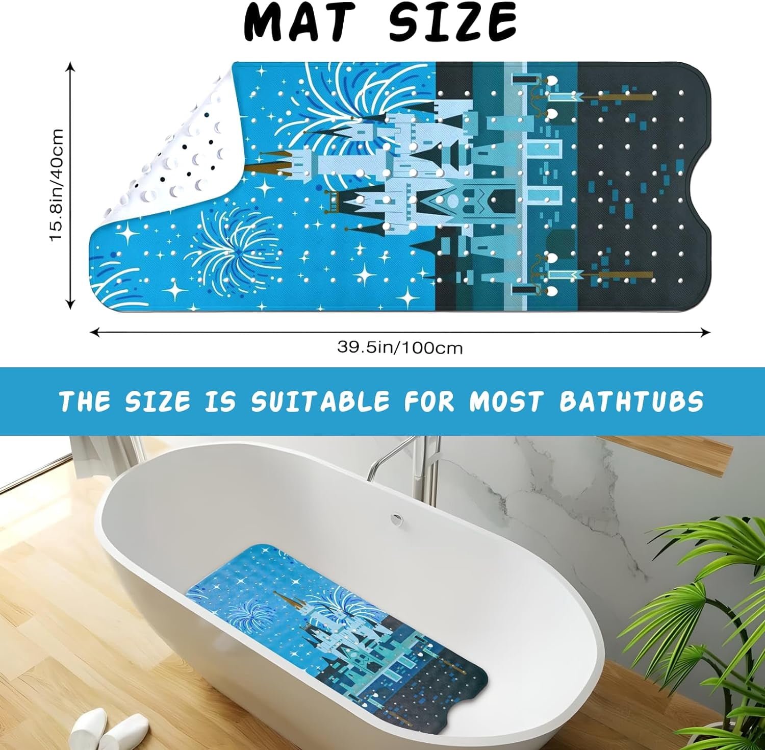 Bathtub Mat Non Slip Shower Mat Extra Long Anti Slip Bath Mats for tub Mat with Suction Cups and Drain Holes