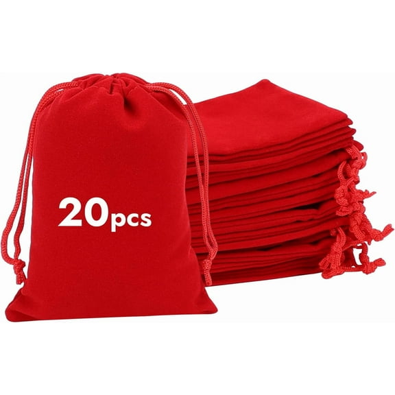 20pcs Velvet Bags with Drawstrings, 4x6inch Red Gift Bags Jewelry Pouches for Dice Wedding Party Favor Christmas Party