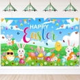 thumbnail image 2 of Pancarta de Pascua de Avezano, fondo para fotografía de Pascua, decoración de fiesta de Pascua, conejo, huevos coloridos y pollito, letrero de césped verde para jardín, 70,8 x 43,3 pulgadas, 2 of 8