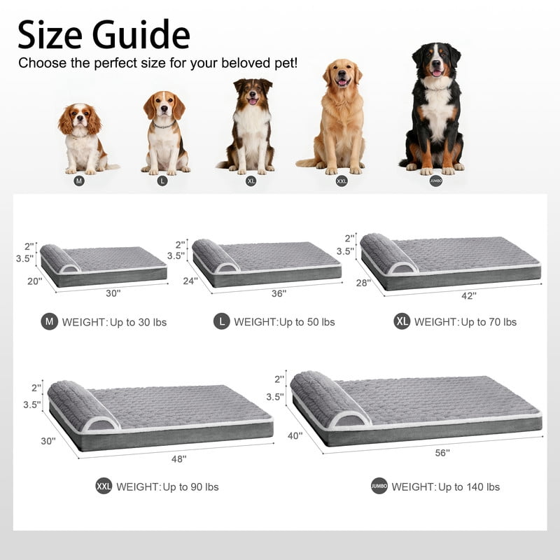 Exclusivo Mezcla Orthopedic Dog Bed with Head Pillow for Large Dogs, Removable and Machine-Washable Cover, 48"X30", Grey