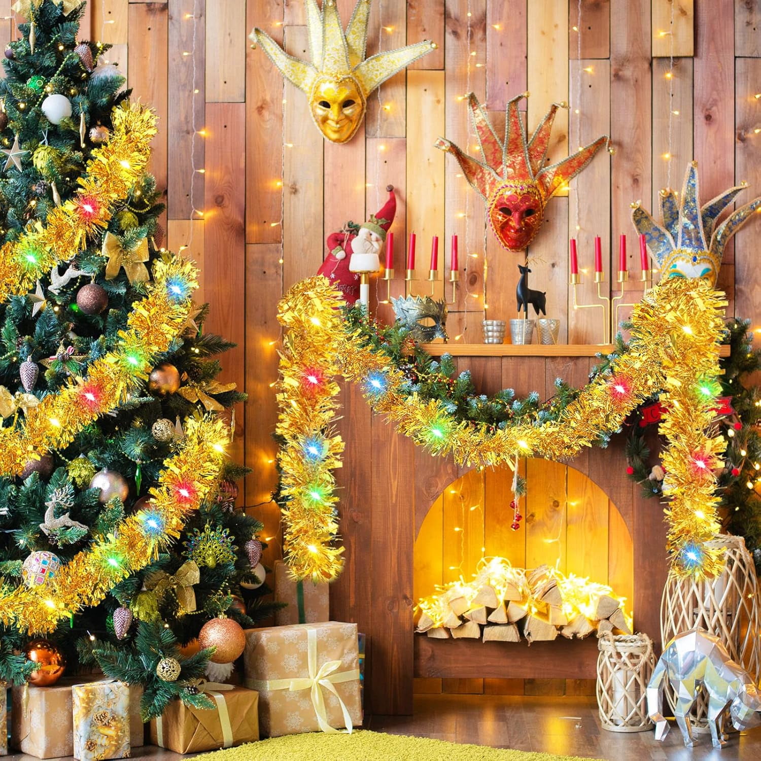 6.6 Ft Christmas Lighted Garland Tree Decoration Prelit Tinsel Garland ...