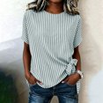 thumbnail image 6 of Cotton Linen Striped Elegant Tops for Women Trendy Outdoor Tie Shirts for Summer Lightweight Loose Fit Crewneck Short Sleeve Tee, 6 of 8