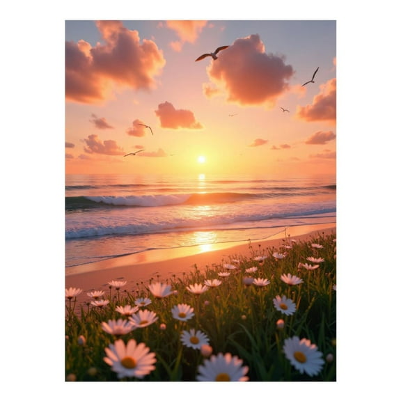 Diamond Art Kits for Adults - 5d Sunset Beach Waves Daisies Sky Diamond Painting for Adults, Diamond Art for Adults Beginners, Frameless Diamond Painting Kits for Adults for Home Wall Decor