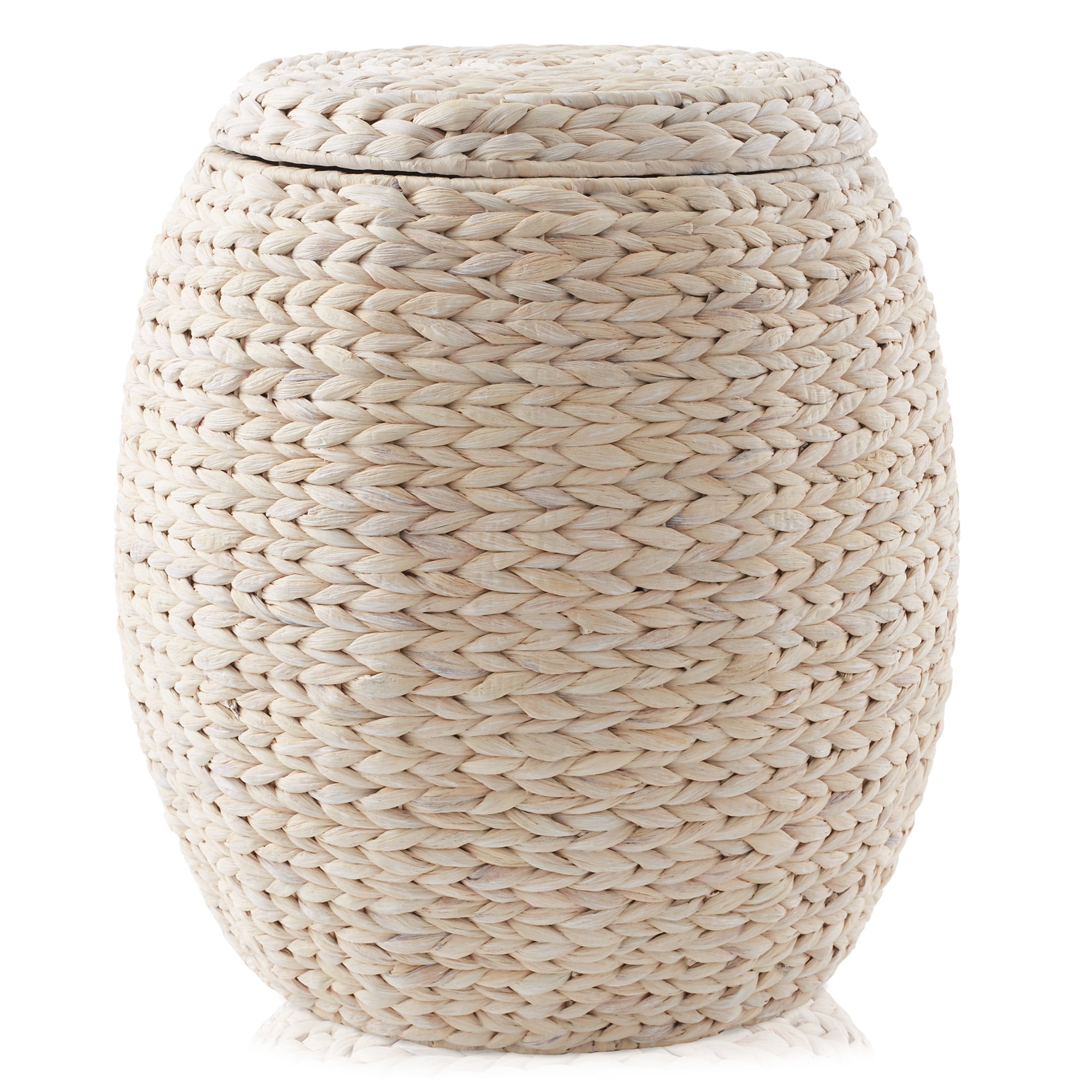 Casafield Round Storage Basket with Lid, Whitewash White - Handwoven Water Hyacinth Hamper Organizer for Laundry, Blankets, Plants