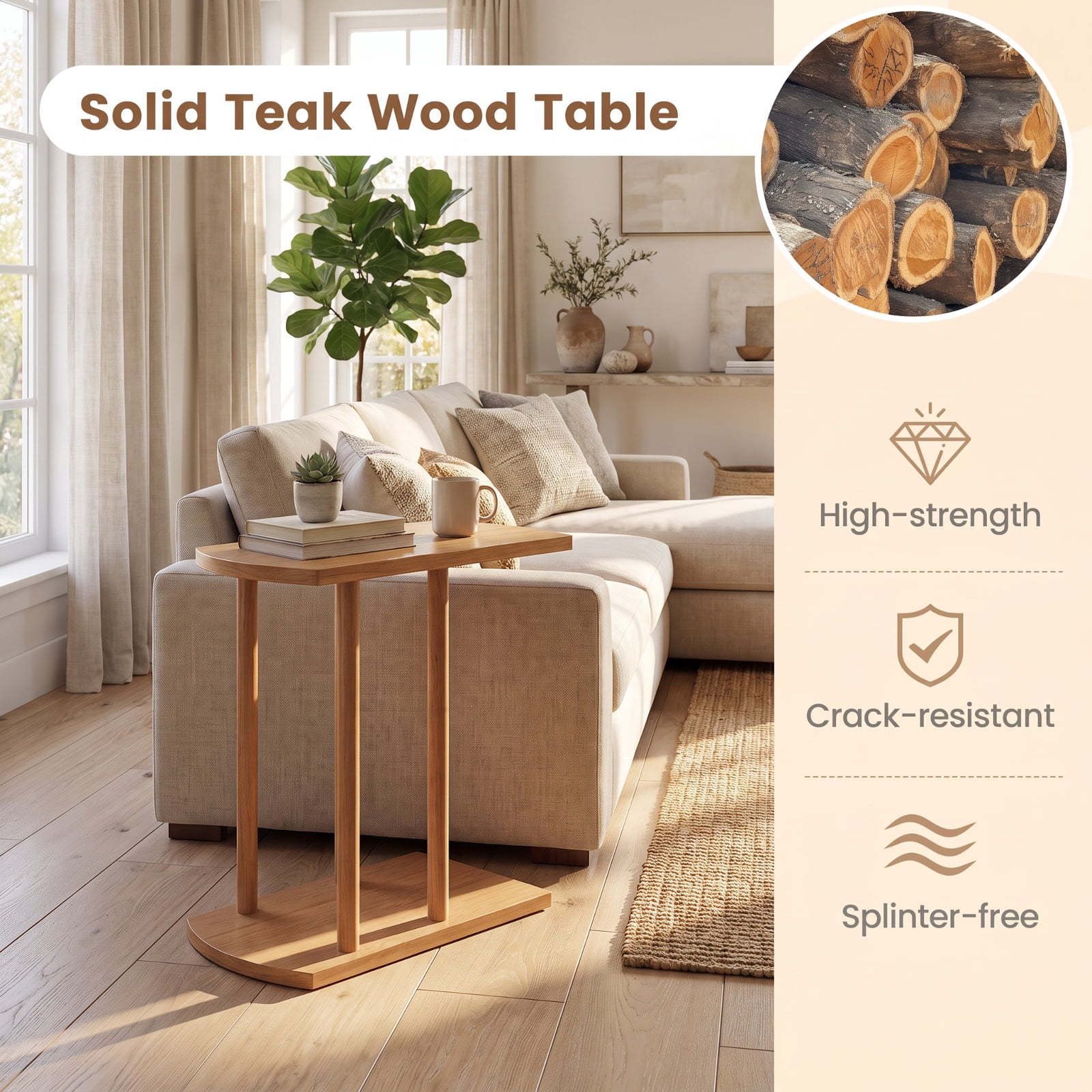 Furnibear Narrow 2 Tier C Shaped Teak Wood Side Table with Thickened Top and Sturdy Base for Sofa Couch Bed and Small Living Room, Natural