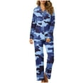 thumbnail image 2 of hxobax Womens Camo Sleepwear 2 Piece Outfits Pajama Sets Elegant Notch Collar Long Sleeve Lounge Wear Button Down Pajamas Tops and Wide Leg Pants Pjs Pj Set Nightwear Nightgowns,#01_Blue,Small, 2 of 7