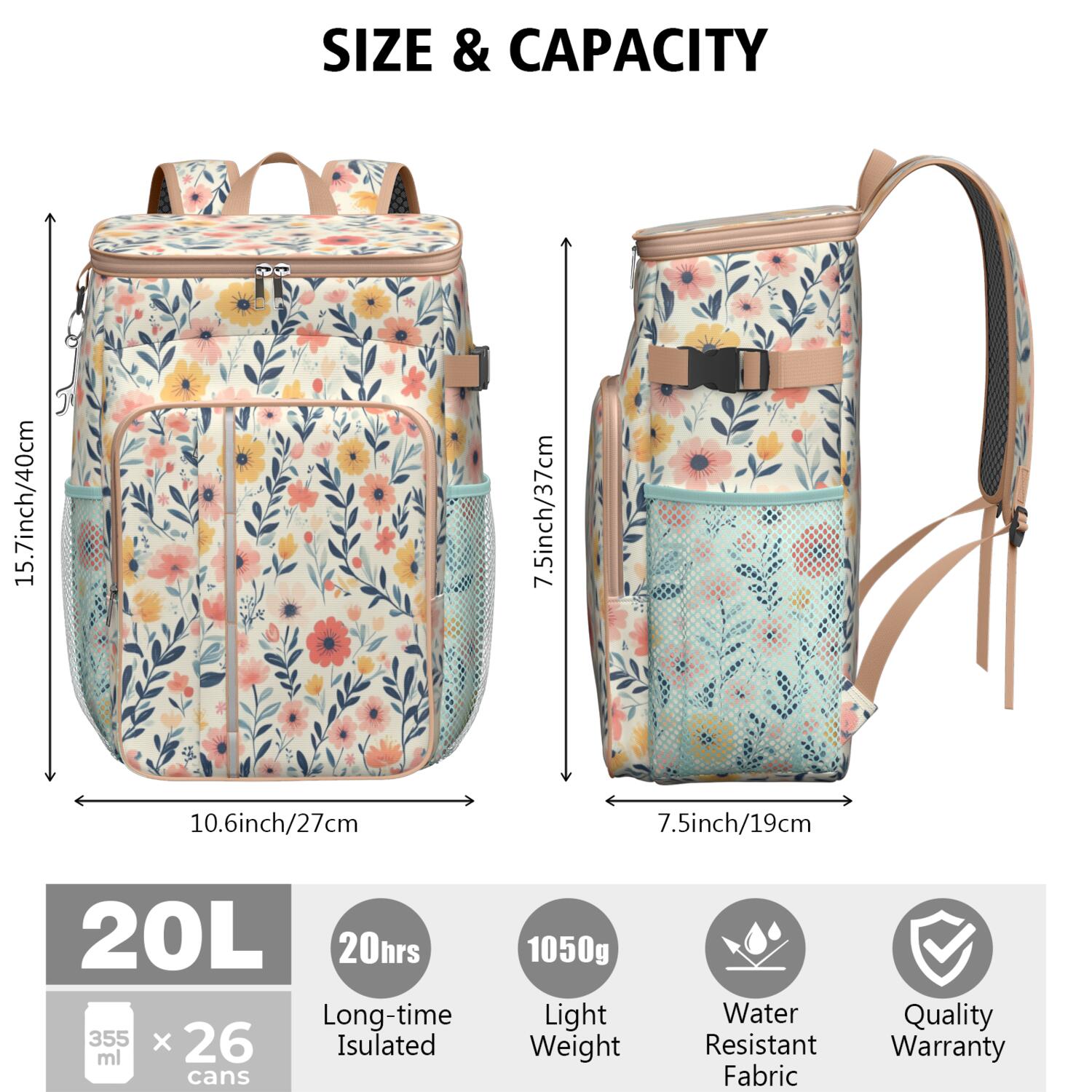 Travel Cooler Bag - Pioneer Flower Camping Beer Cooler Backpack with Bottle Opener- Waterproof Insulated Picnic Backpacks - Cooler Bag for Beach