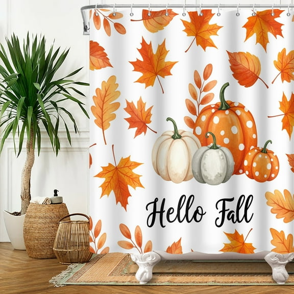 Mizhona Fall Shower Curtain for Bathroom Thanksgiving Happy Fall Leaves Pumpkin Harvest Waterproof Polyester Decor with Hooks 72"X72"