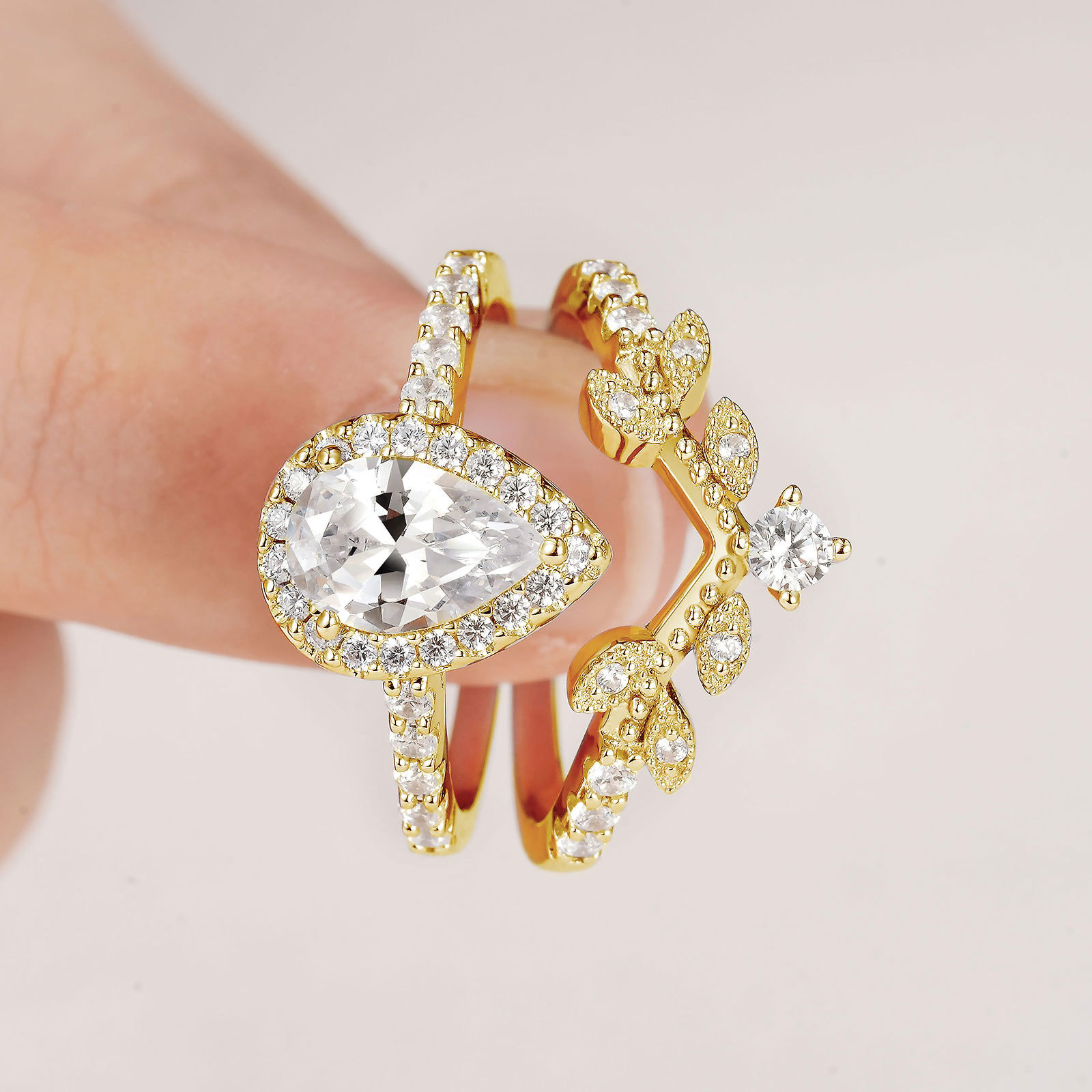 Newshe Jewellery Wedding Rings for Women Vintage 925 Sterling Silver Pear Shaped Yellow Gold Cz Bridal Set Size 6