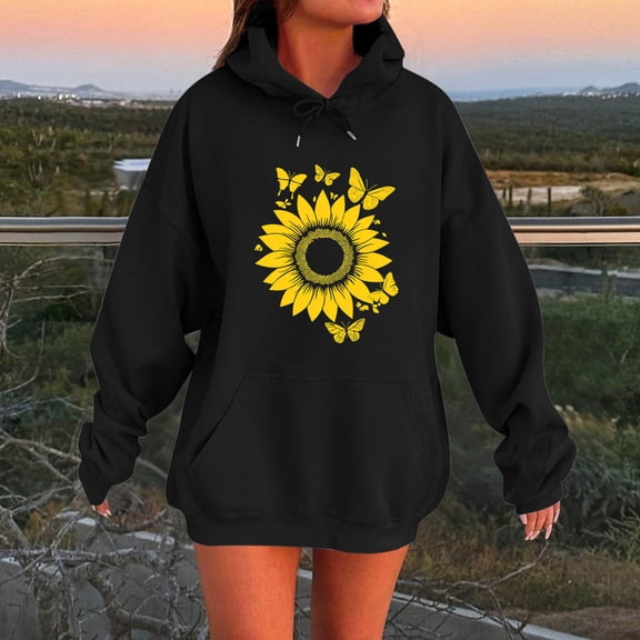 EchfiProm Pullover Sweatshirts for Womens Black Trendy Hoodies Floral Long Sleeve Oversized Hooded with Pockets Ladies Tunic Tops
