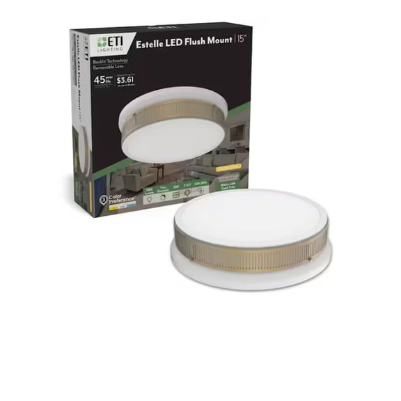 ETI 15” Estelle Flush Mount, White Finish with Gold Trim, 1800 Lumens, 3CCT Color Preference, Dimmable, C01184402A