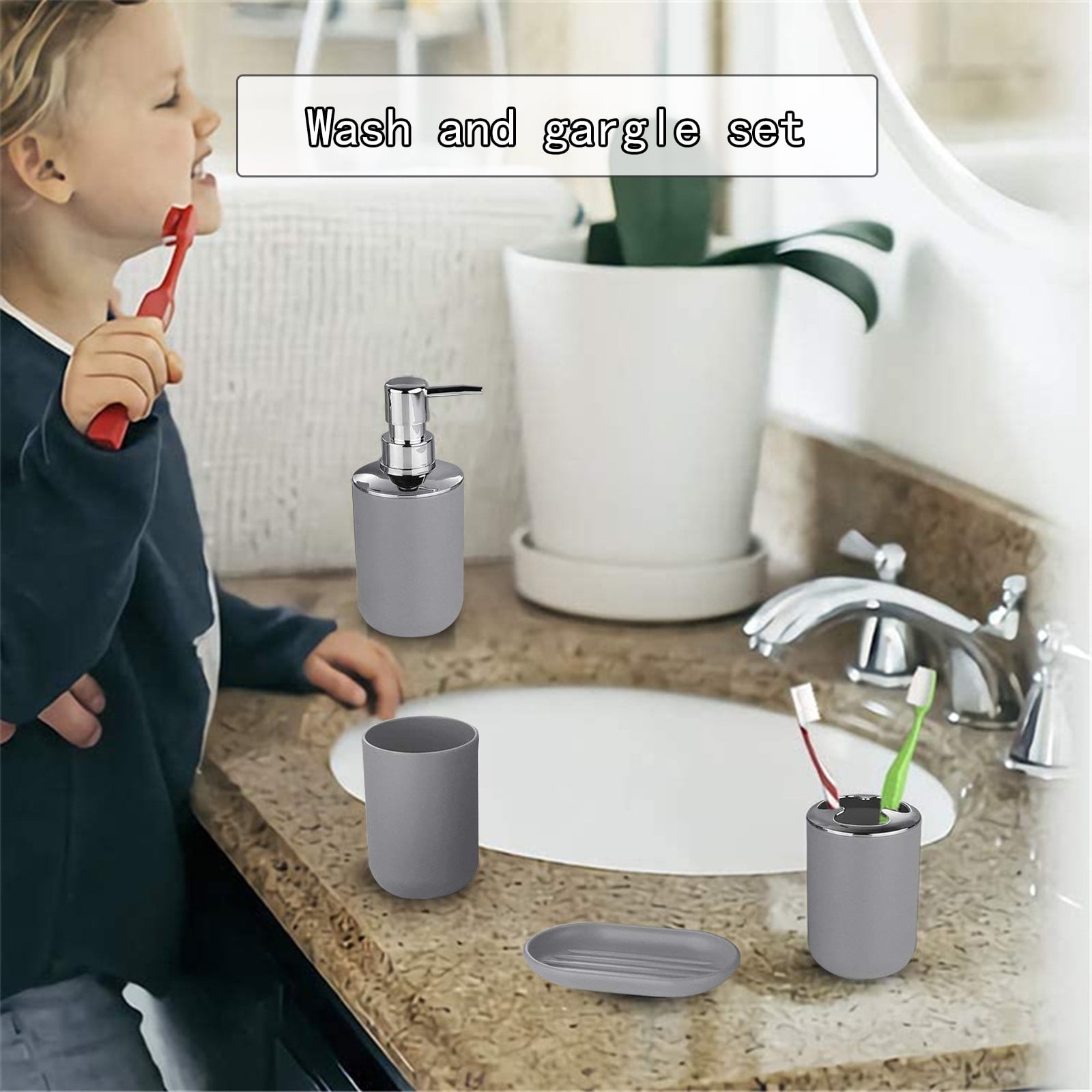 ZZkhGO 6-Piece Bathroom Accessory Set, Complete PP Plastic Toilet Brush Soap Dispenser, Organized Kit with Tumbler Trash Can