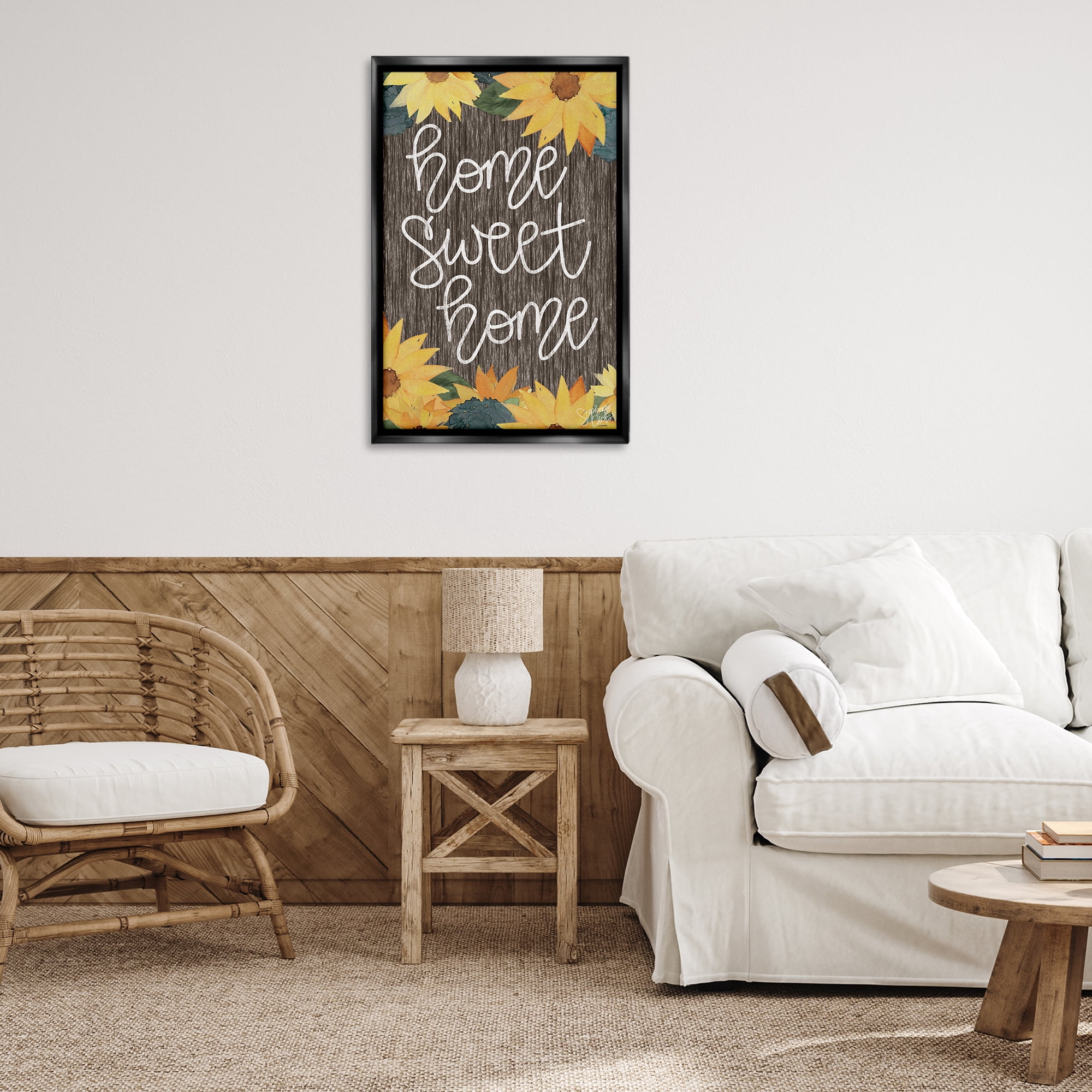 Stupell Industries Floral Welcome Phrase Plants & Flowers Painting Black Floater Framed Canvas Art Print Wall Art, 21 x 31