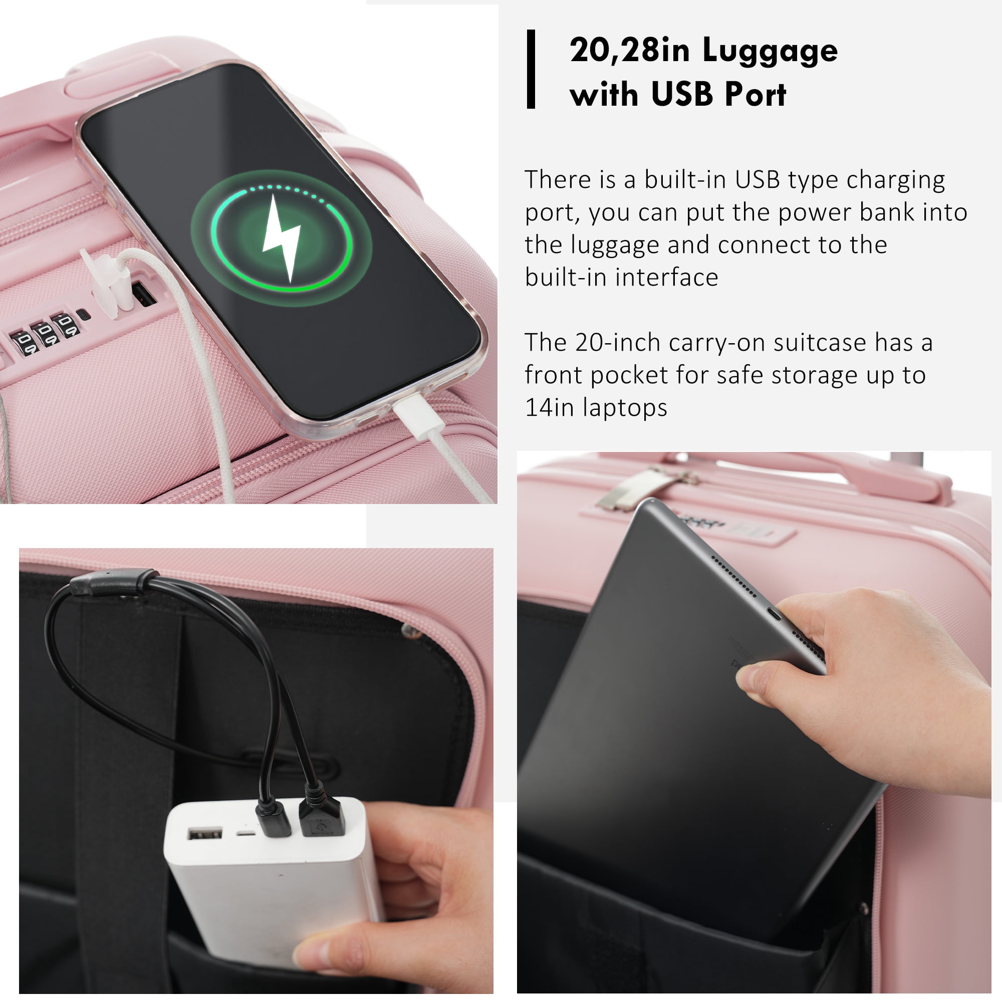 Euroco 4 Piece Luggage Sets, 20" Carry On Luggage with Front-Opening & Cup Holder, 20/28inch Hardside Suitcase Set with USB Charging Ports,TSA Lock & Spinner Wheels for Travel,Pink