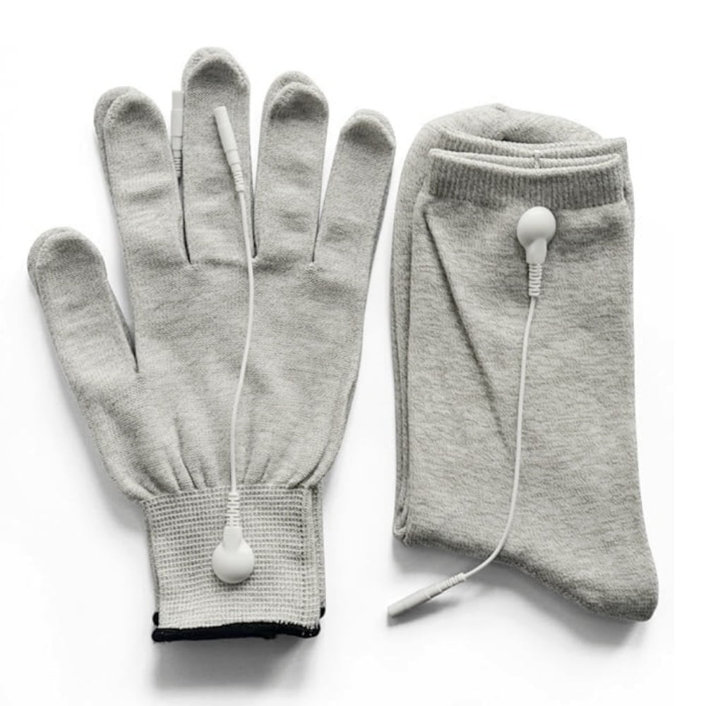 Pair of Conductive Fiber Gloves and Socks Massage Units With Adapter Electrode Lead Wires for TENS/EMS Machine