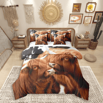 Castle Fairy Teens Highland Bull 7 Pieces Bedding Comforter Set,Rustic Animal Full Bedding Set Lightweight,Cow Print Fitted Sheet Flat Sheet,Ultra Soft Home Decor