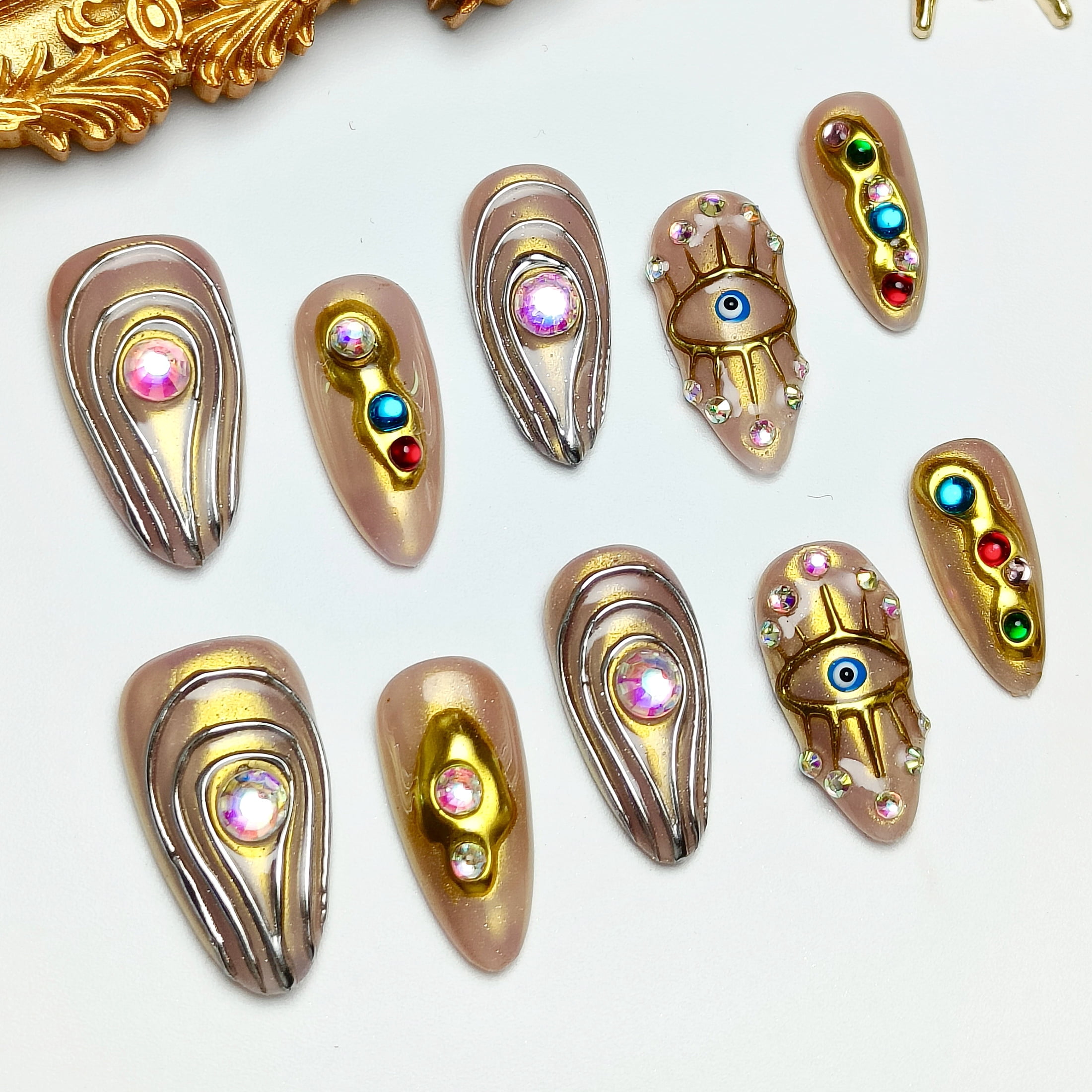 10pcs Almond Medium Handmade Y2K Baroque Press On Nails - Nude Designs, 3D Rhinestones & Gold Accents, Luxury Summer & Independence Day, Goth