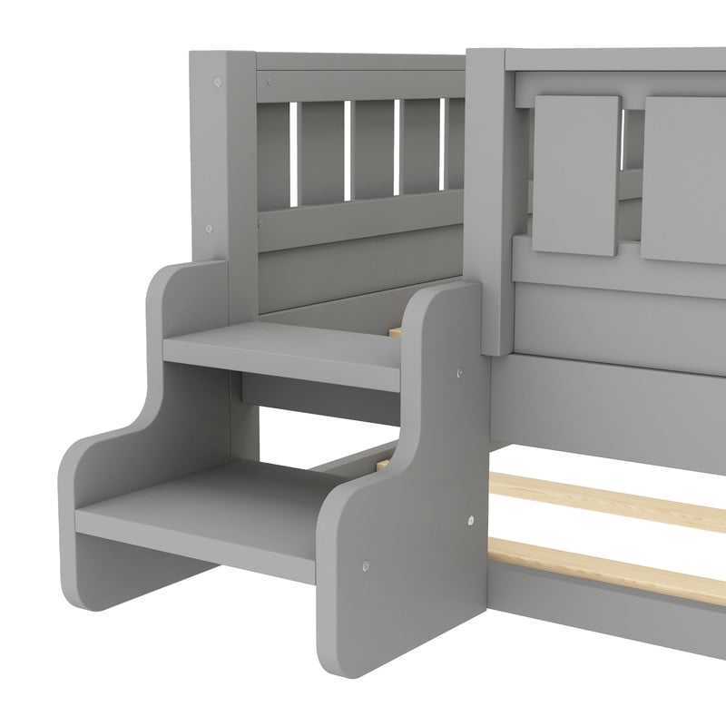 Bellemave Twin Bed with Trundle and Small Stairs, Twin Size Platform Bed Frame with Rail and Bookshelf, Wooden Montessori Floor Bed No Box Spring Needed, Gray