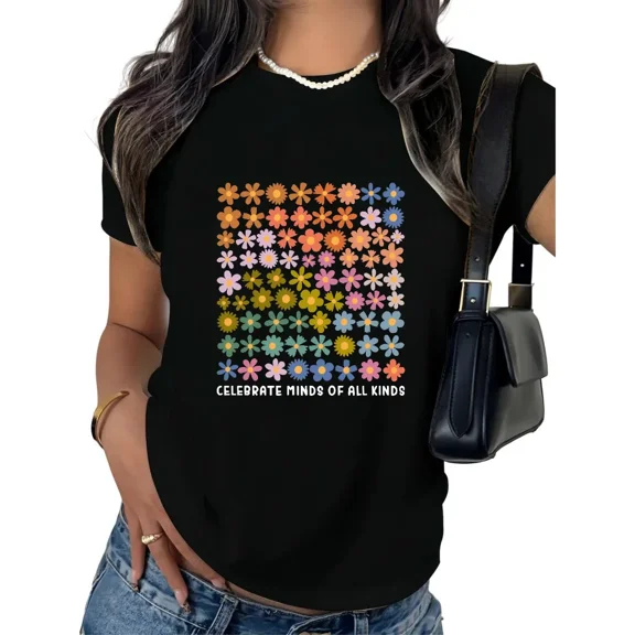 Unishe Women's Retro Groovy Floral Square Tee Celebrate Minds of All Kinds Short Sleeve Vintage 70s Style T-Shirt