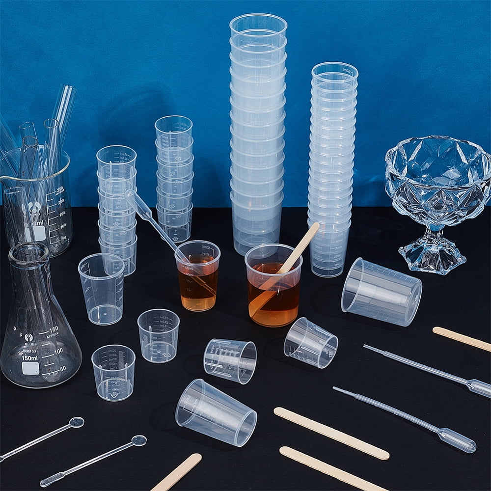 90Pcs 3 Styles Plastic Measuring Cup with 20Pcs Disposable Plastic Transfer Pipettes Clear