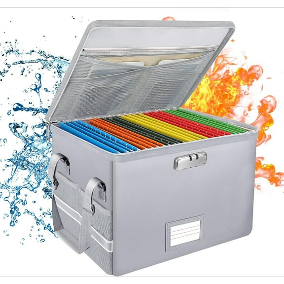 File Box with Lock, Fireproof Document Box with Zipper＆Pockets, Collapsible File Organizer Filing Storage Cabinet with Handle, Portable Home Office Safe for Hanging Letter/Legal Folder,Silver