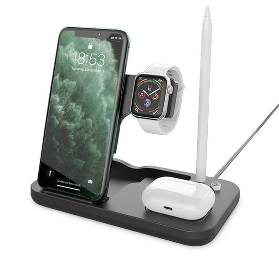 KIQ 15W 4in1 Wireless Charger, ABS PC Charging Station Cradle Dock Pad Portable Lightweight Convenient Charges Devices Simultaneously for Phones Watches Earbuds Pen (Black)