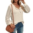 thumbnail image 1 of Camisas con costuras de encaje para mujer Camisas con cuello redondo y botones en la parte delantera Jersey cómodo de manga larga Albaricoque S, 1 of 6