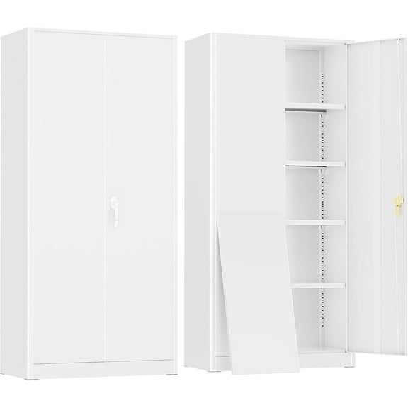 72”Metal Storage Cabinet, Lockable File Cabinets with 2 Doors and 4 Adjustable Shelves, Garage Storage Cabinets with Lock for Office, Home, Gym(White)