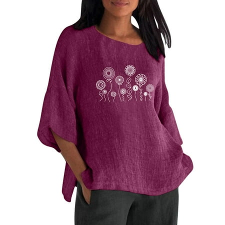 

NECHOLOGY Long Sleeve Running Shirts Summer Womens 3 Of 4 Sleeve Crew Neck Floral Printed Loose Long Sleeve Undershirt for Women Shirt Purple X-Large