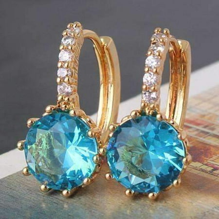 - ON SALE - Blue Topaz CZ Solitaire Gold Plated Hoops Yellow Gold