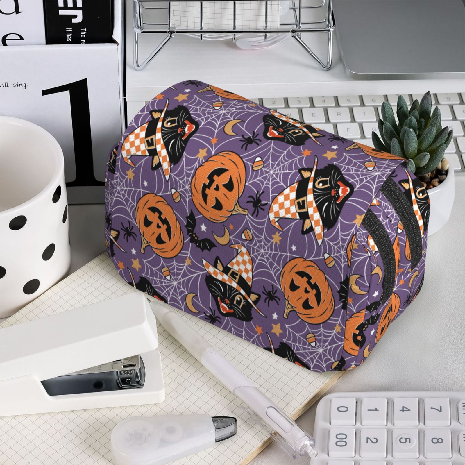 Rateoe Vintage Halloween Black Cat Pattern Double Clamshell Pen Case, Storage Organizer with Two Zipper Compartments– Holds Up to 50 Pencils & Pens