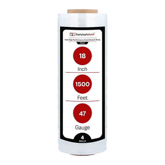 SSBM Cast Hand Stretch Wrap 18" x 1500' 4 Rolls 47 Gauge Clear Plastic High Performance Film for Moving Packing