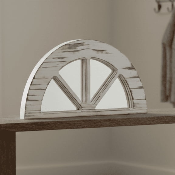 Distressed White Wood Windowpane Arch Mirror