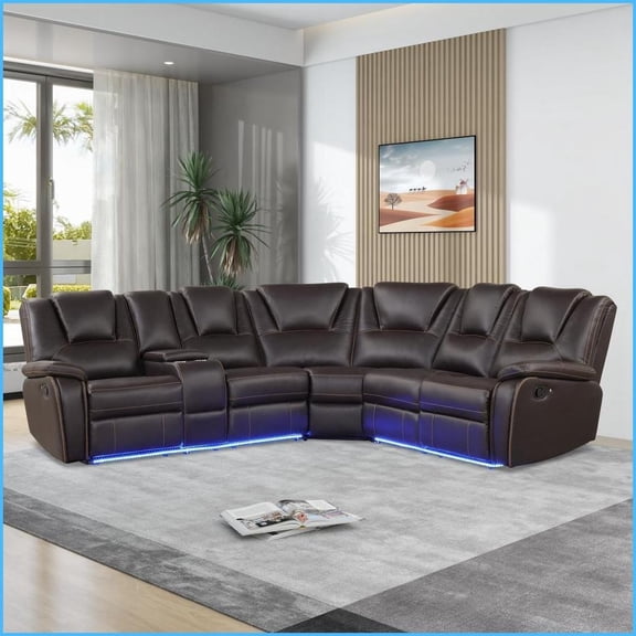 Modern Brown Faux Leather Manual Reclining Sectional Sofa with Center Console, Cup Holders & Storage – Living Room Furniture | Brown | PU Leather | Foam