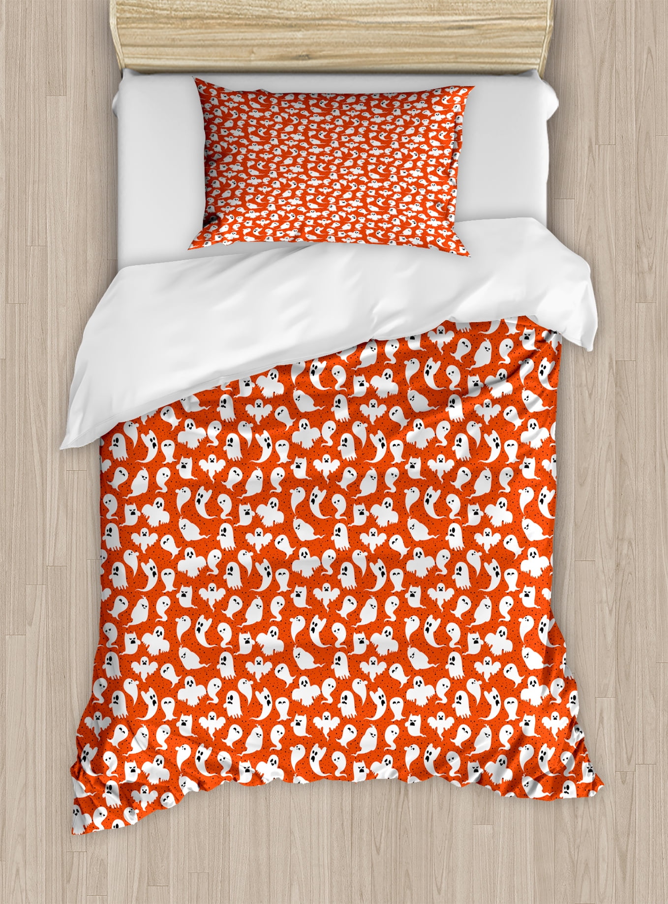 Ghost Duvet Cover Set Twin Size Funny Characters With Funny Ghost Characters With Diffe Expressions On Dotted Backdrop Decorative 2 Piece Bedding Set 1 Pillow Sham Dark Orange White Black