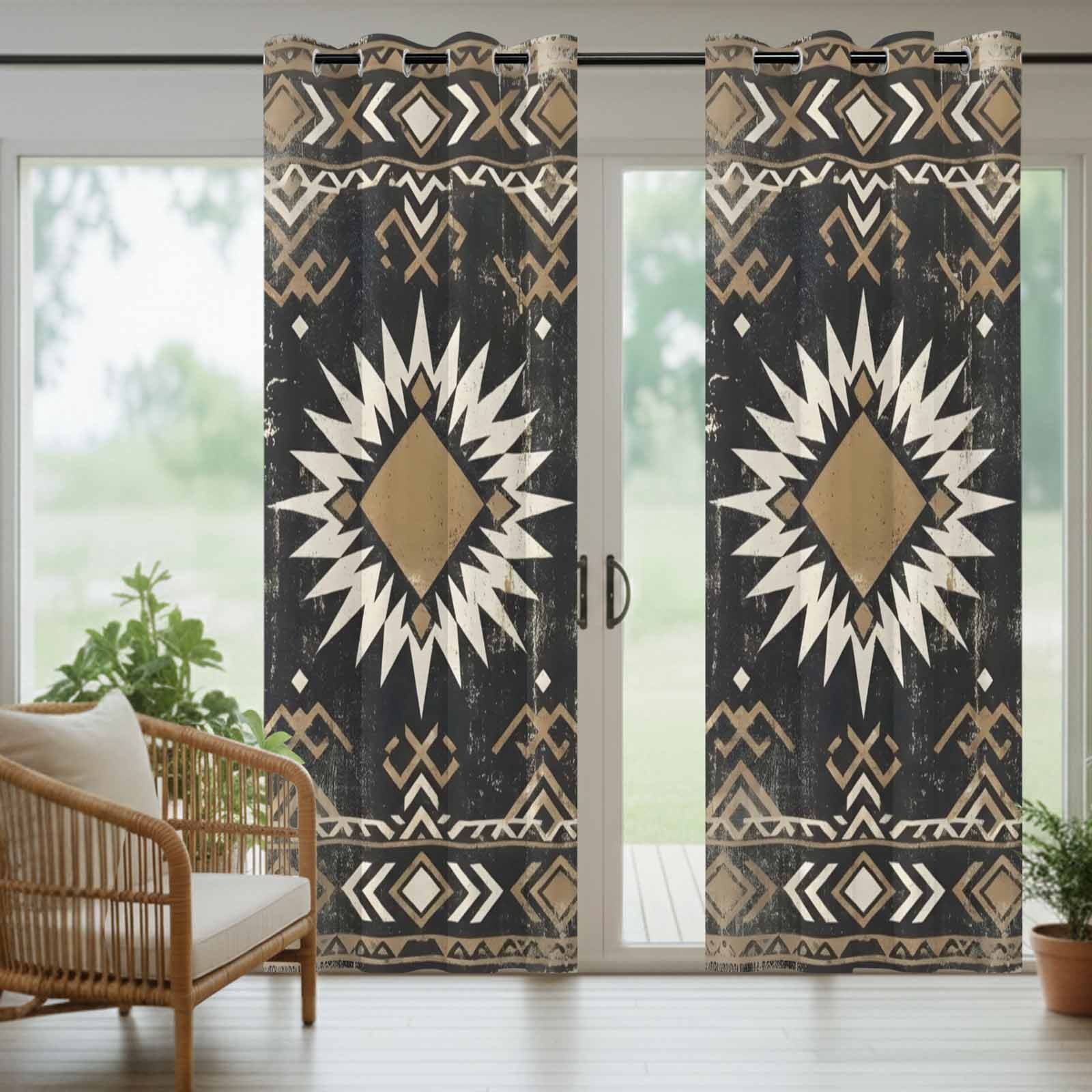 Sunburst Emblem Outdoor Curtains for Patio, Boho Black Tribal Rustic Brown Retro Geometric Sunshade Privacy Drapes Grommet Waterproof Outside Curtains for Porch/Cabana/Balcony 54"x 108", 1 Panel