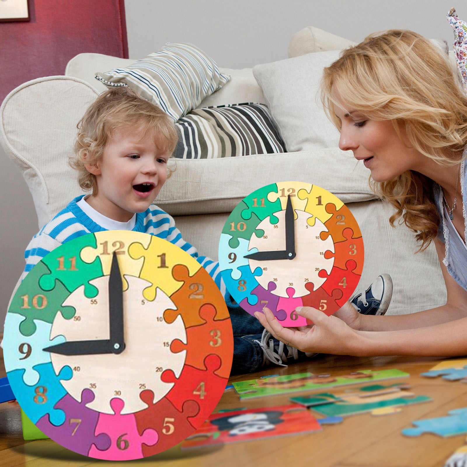 12210 Kids Children Peg Wooden Teddy Bear Clock Teach Time Jigsaw Puzzle Toy 