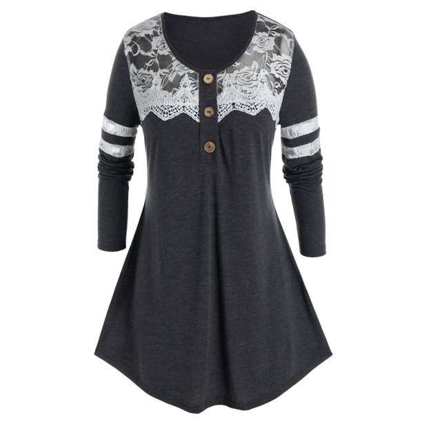 Más el tamaño de encaje Insertar heathered camiseta Rosegal Mangas largas de talla grande
