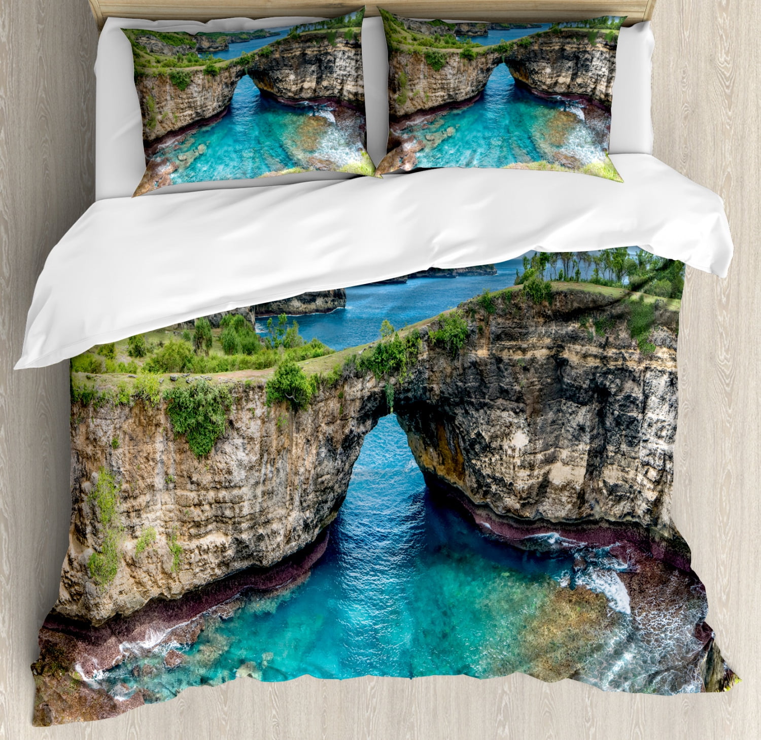 Colorful Duvet Cover Set Queen Size, Landscape Image of Rocky Coastline