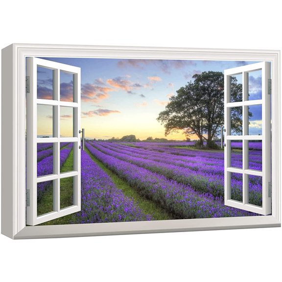 wall26 Canvas Print Wall Art Window View to Lavender Flowers at Sunset Nature Wilderness Photography Realism Rustic Landscape Colorful Multicolor Ultra for Living Room, Bedroom, Office - 32"x48&
