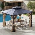 thumbnail image 2 of Dextrus 10x10ft Double Roof Hardtop Gazebo with Netting and Shaded Curtains, Outdoor Aluminum Frame Polycarbonate Canopy, Garden Tent for Patio, Backyard, Black&Brown, 2 of 9