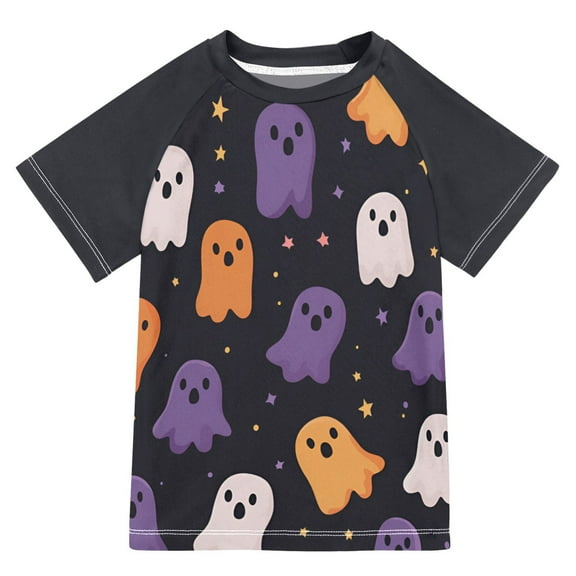 FORMRS Boys Rash Guard with Short Sleeves UPF 50  Swim Shirts Sizes 3-12T, Orange Halloween Ghosts
