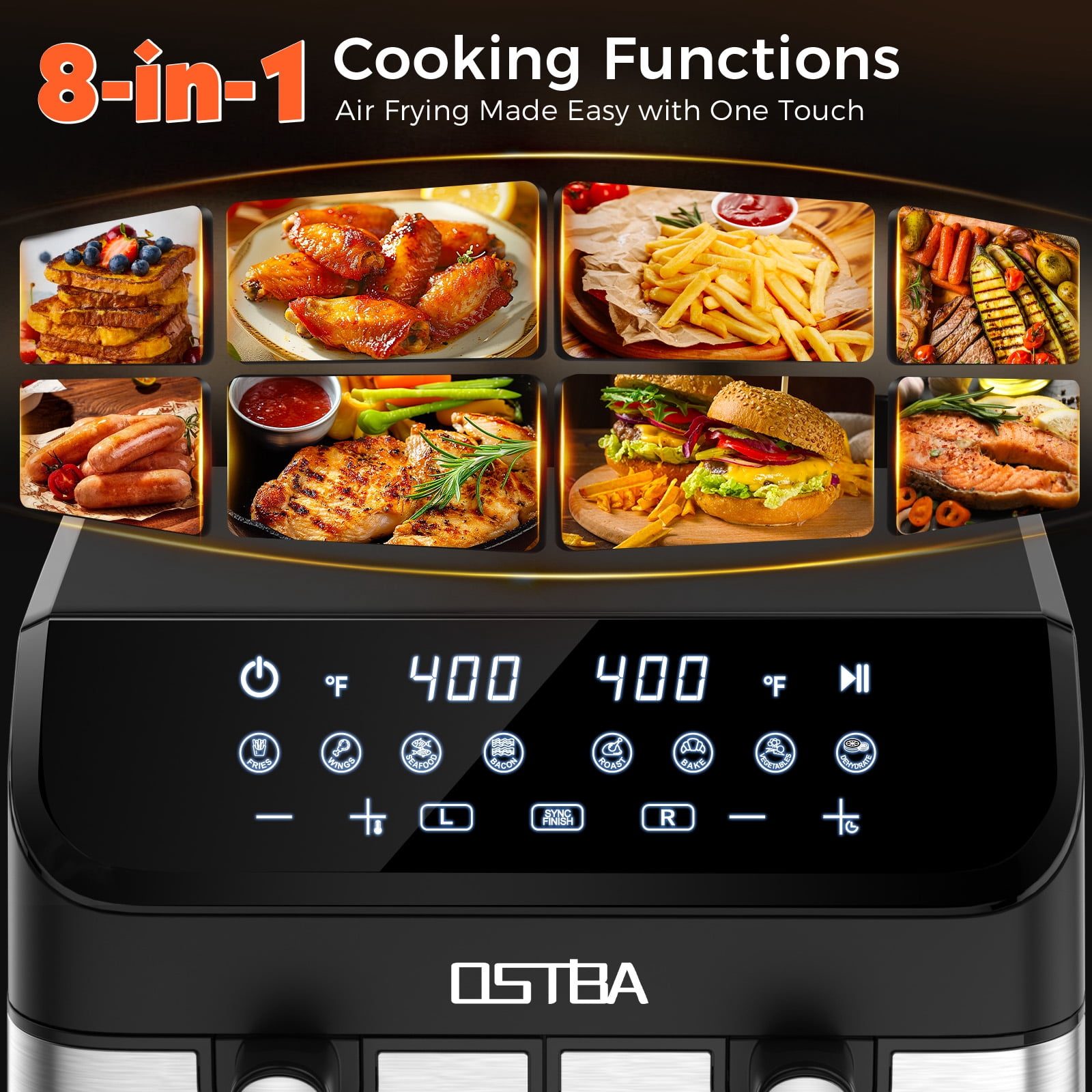 OSTBA 9.5QT Dual Basket Air Fryer, 1700W Double Drawer Air Fryer with Sync Finish, 8-in-1 Presets, Digital Touchscreen, Air Fry, Roast, Bake, Dehydrate, Oil-Free Family Size Cooker, Black