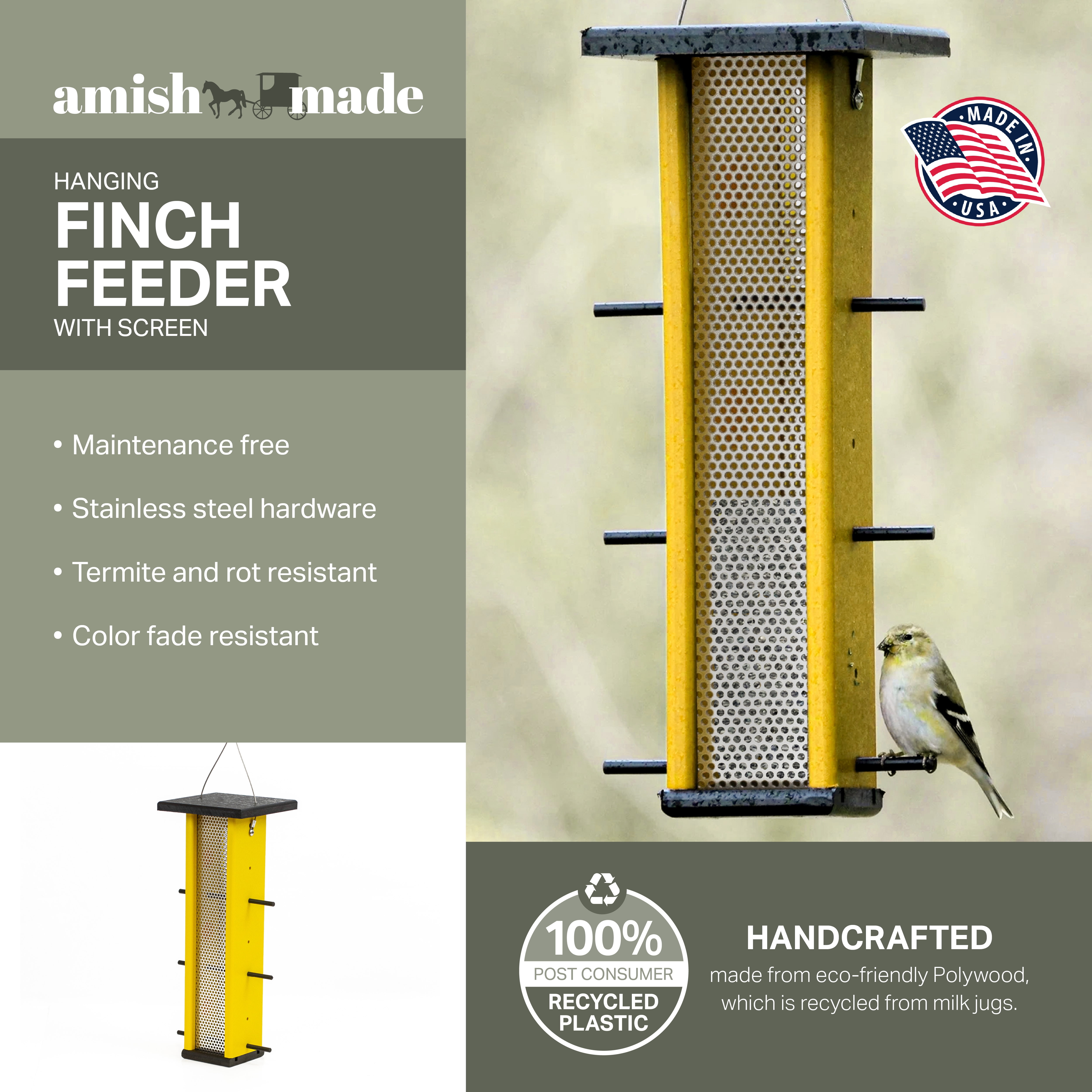 Outdoor Leisure Products Model GM6-1BKY Finch Bird Feeder Made with High Density Poly Resin Finished in Yellow and Black