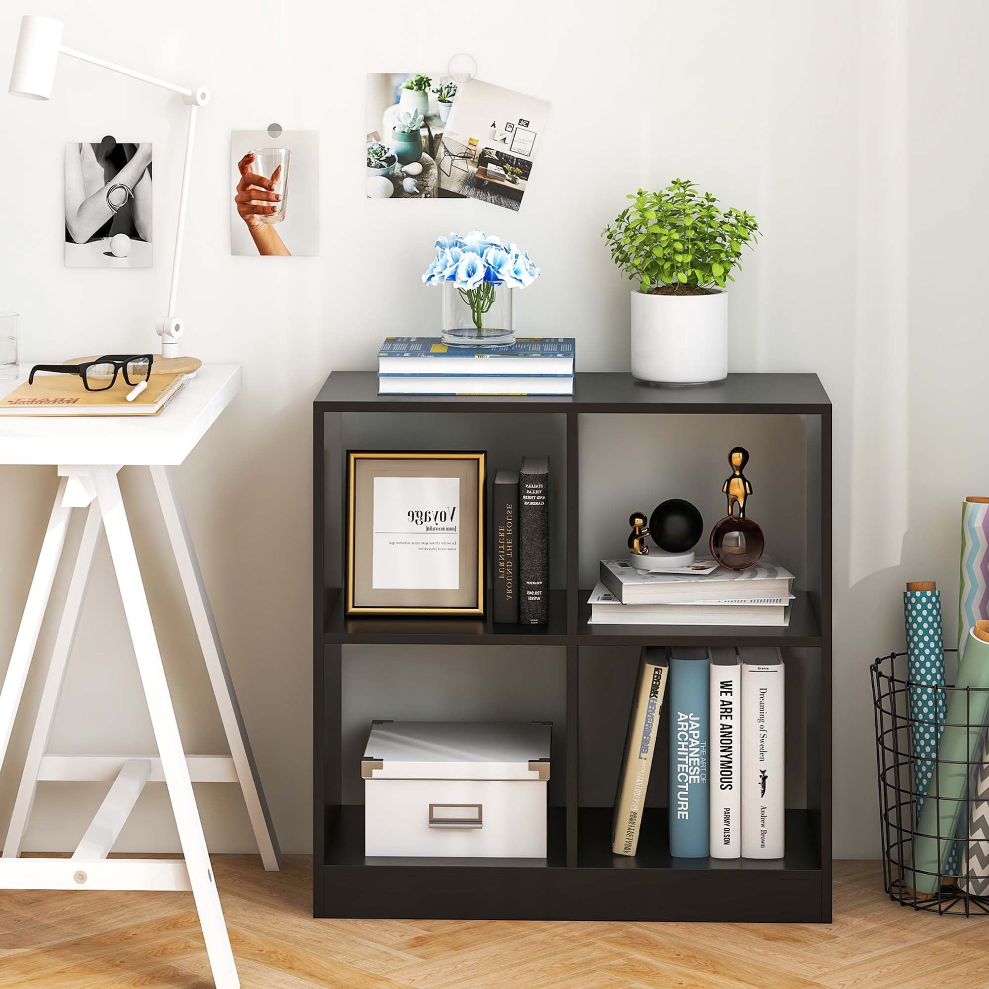 Costway 4-Cube Bookcase Floor Open Wooden Bookshelf Storage Cabinet Toy Organizer Black