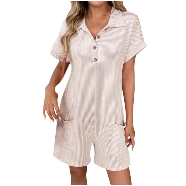 Sudaderas para Mujeres con Mangas Cuello Girado Abajo Manga Corta Botón Delantero, Bolsillos Sólidos Romper Corto